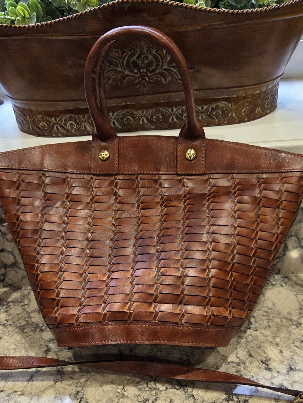 Patricia Nash Brown Woven Leather Crossbody Tote